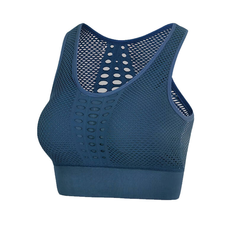 Sexy mesh breathable seamless sports bra for girls in blue. Features premium nylon, solid pattern, non-adjustable straps, and three-quarter cup.